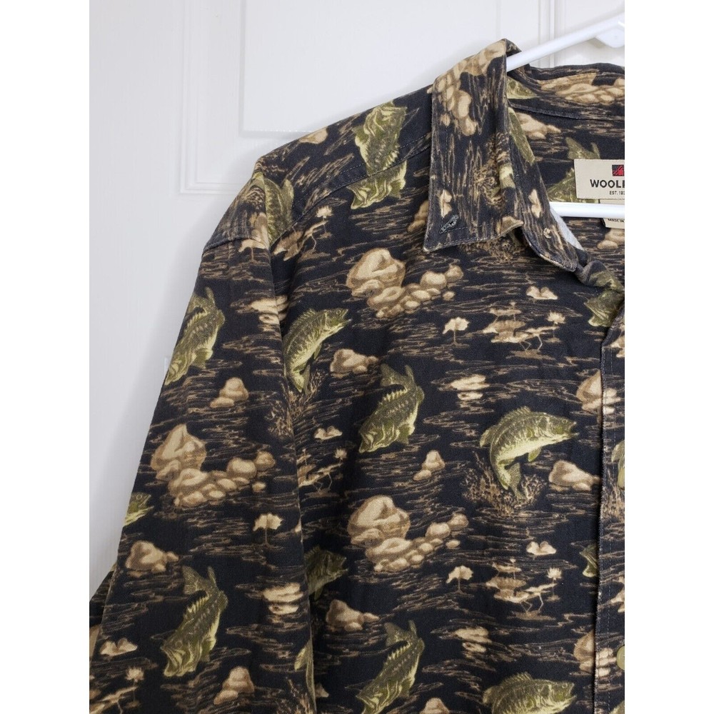 Woolrich Large Bass Fish Graphite Shirt Chamois Cotton Button Down Long Sleeve - Picture 2 of 8
